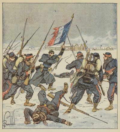 Kapitán Couturie, z mobilů Sarthe, vybrán, s vlajkou v ruce, útočí na Mee od after Louis Charles Bombled