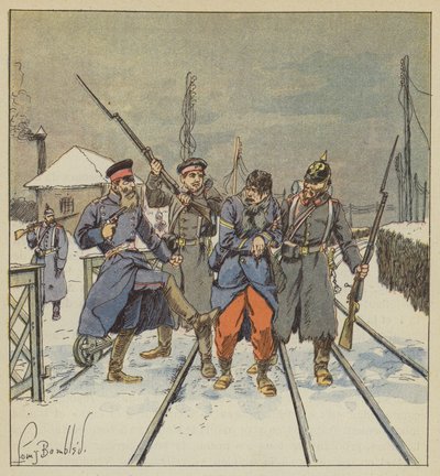 Fourrier Papot, zraněný a zajatý, je hanebně zbit pruským důstojníkem od after Louis Charles Bombled