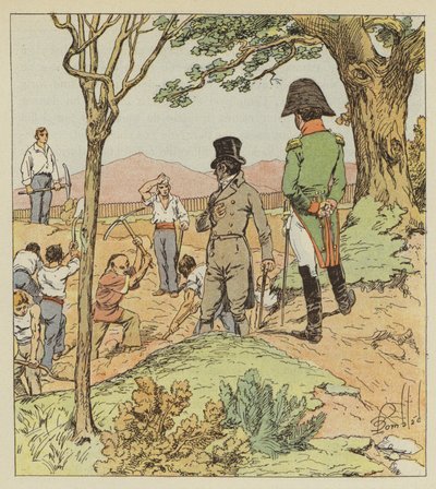 Napoleon zkoumá opevnění, které guvernér staví kolem Longwoodu od after Louis Charles Bombled