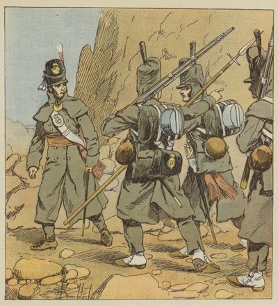 Angličtí vojáci 1. pěšího gardového pluku v silničním oblečení, Španělsko, 1814 od after Louis Charles Bombled