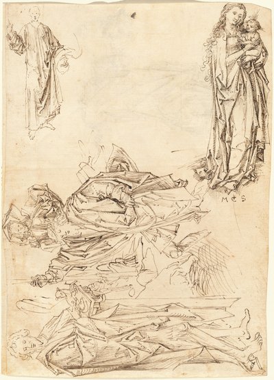 Svatý Kryštof, svatý Jan Křtitel, Panna s dítětem a Kristovo požehnání (recto) od after Martin Schongauer Master of the Drapery Studies