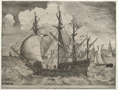 Plachetnice: Ozbrojená čtyřmistrová vyplouvající na moře od after Pieter Bruegel