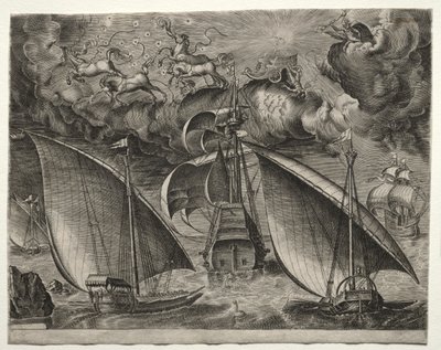Plachetnice: Dvě galéry plující za ozbrojeným trojmajstrem s Phaetonem a Jupiterem na obloze od after Pieter Bruegel