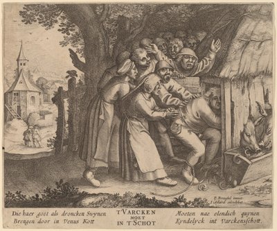 Opilec strčil do prasečího chlívku od after Pieter Bruegel the Elder