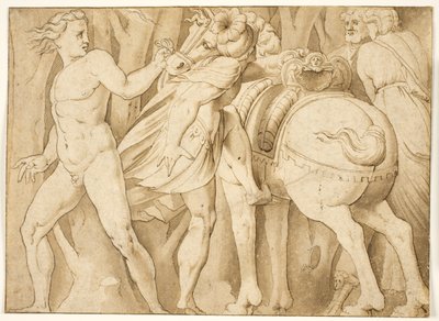 Scéna z římské historie? Muž nasedající na koně drženého nahým mužem od after Polidoro da Caravaggio