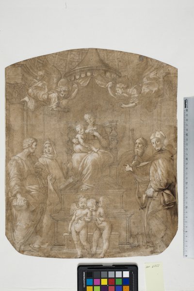 Madona s dítětem se svatým Petrem, Bernardem (nebo Brunem), Jakubem, Augustinem a čtyřmi anděly, Madonna del Baldacchino od after Raphael