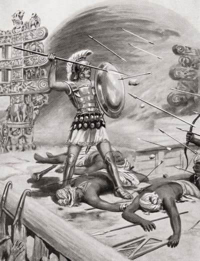 Alexandr Veliký bojující proti Assacani u opevněného města Massaga v Indii během jeho indického tažení v roce 326 př. n. l., z Hutchinsons History of the Nations, pub. 1915 od after Robert Dudley