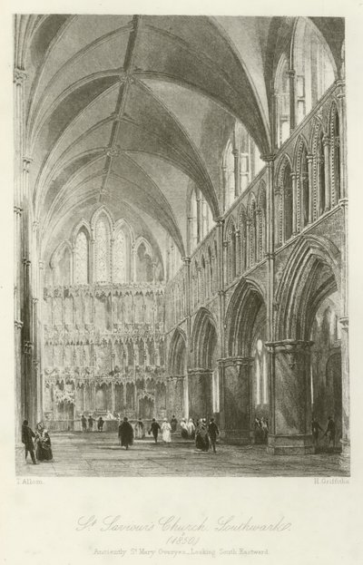Kostel svatého Spasitele, Southwark, 1850, původně St Mary Overyes, pohled na jihovýchod od after Thomas Allom