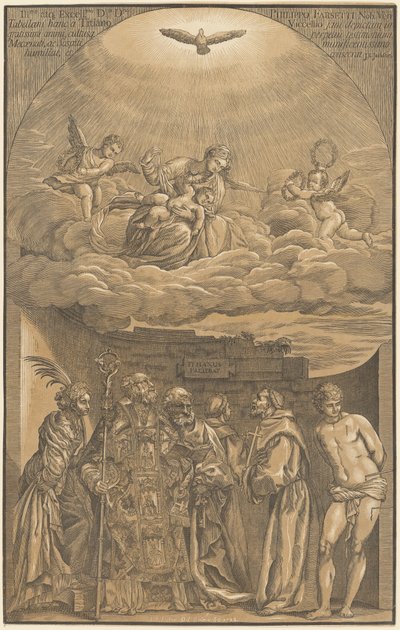 Panna a dítě v oblacích se šesti svatými od after Titian John Baptist Jackson