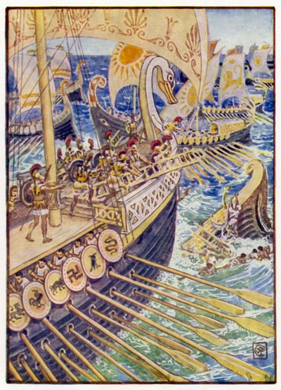 Loď se řítila proti lodi, dokud perští mrtví nezasypali hlubinu jako květiny od after Walter Crane