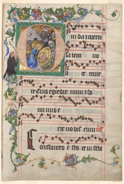Bifolio z antifonáře: Historická iniciála O s Narozením od after a work attributed to Zhou Wenju