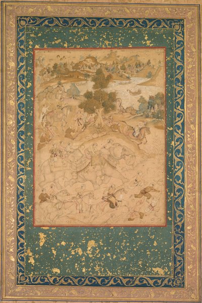Akbar dohlíží na odchyt divokých slonů v Malwa v roce 1564, maluje 90 z Akbar-nama (Kniha Akbar) z Abu