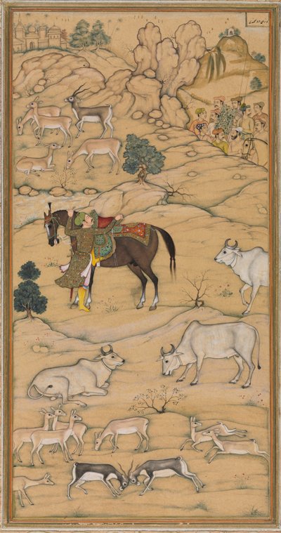 Akbar nasedající na svého koně; stránka z Chester Beatty Akbar Nama (Historie Akbaru) od attributed to Sur Das Gujarati