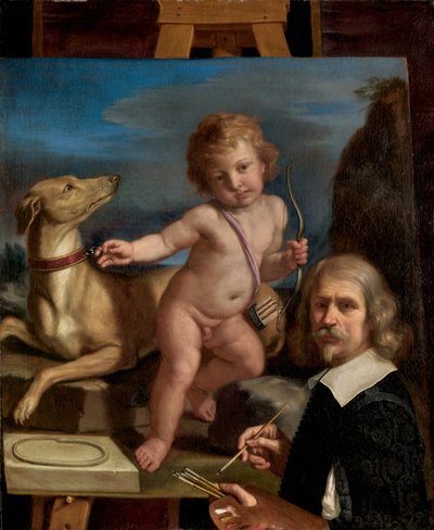 Autoportrét před obrazem "Amor Fedele" od called Guercino Giovanni Francesco Barbieri