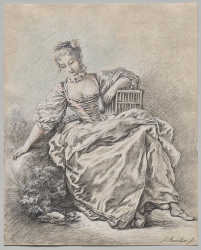 Sedící žena držící ptačí klec od copy after François Boucher