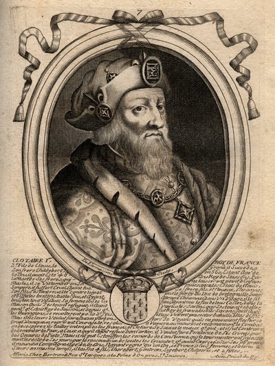 Portrét Clotaire (Clothaire) I (497 - 561), krále Neustrije a krále Franků - Clothar I., král Franků - rytina z 