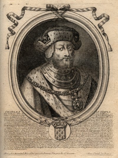 Portrét Karla III. dit le Simple (879-929) krále Franků - CHARLES III (879-929) - Karel Prostý - král Francie, 893-923 - rytina z 