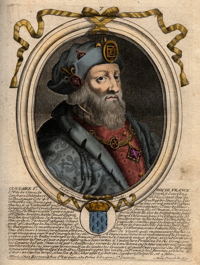 Portrét Clotaire (Clothaire) I (497-561), krále Neustrije a krále Franků - Clothar I., král Franků - rytina z 