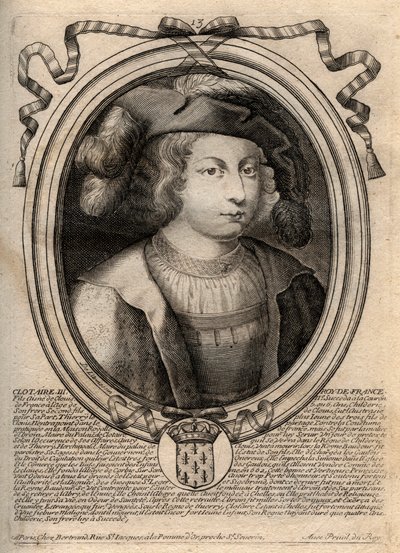 Portrét Clothaire III (652 - 673), krále Neustrije a Burgundska - Chlothar III nebo Clotaire III, král Franků z rodu Merovejců - rytina z 