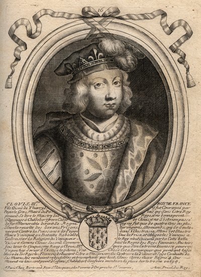 Portrét Chlodvíka III., krále franků v letech 691 až 695 - CLOVIS III. Merovejský král Neustrie a Austrasie - rytina z 
