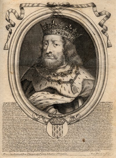 Portrét Chlodvíka I. (v. 466 - 511), krále Franků - Portrét Chlodvíka I. (466-511), krále Franků - rytina z 
