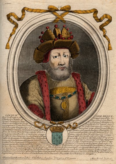 Portrét Ludvíka II Begue nebo Faineant (846 - 879), král franků - Louis II The Stammerer 848 až 879 - rytina z 