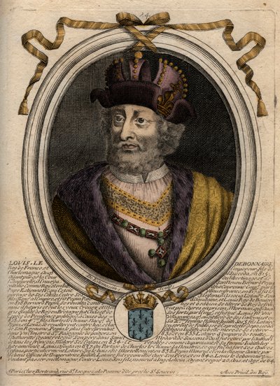 Portrét Ludvíka I. Zbožného nebo „“The Debonnaire“ (778-840), francouzského krále – Ludvíka I. „Pobožného“ (778-840) Francouzského krále, císaře Svaté říše římské – rytina z „Les Augustes Representations de tous les Kings de France od Pharamonda po LouisXI od de Larmessin