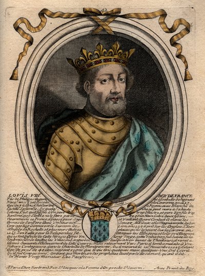 Portrét Ludvíka VIII. (1187-1226), francouzského krále - Ludvíka VIII. (1187-1226) francouzského krále - rytina z „“ Les Augustes Reprezentace všech francouzských králů od Pharamonda po Ludvíka XIV.“, Paříž od de Larmessin
