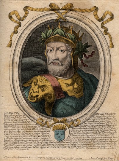 Portrét Merovee nebo Merovecha, francouzského krále (v448-v458), prvního krále merovejské rasy - Portrét Merovea (Meroveus) (d456) Král Salianských Franků - rytina z 