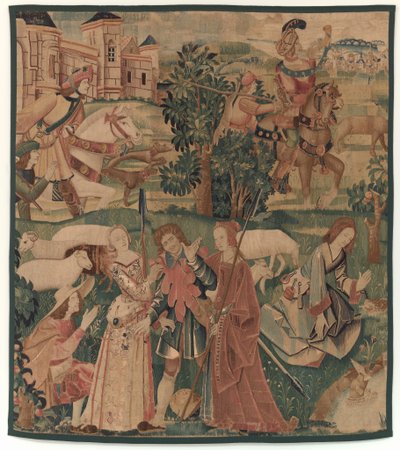 Lovecké a pastorační scény se smějícím se mužem mezi dámami od design probably French 16th Century, Paris; woven in southern Netherlands or Paris in an undetermine workshop