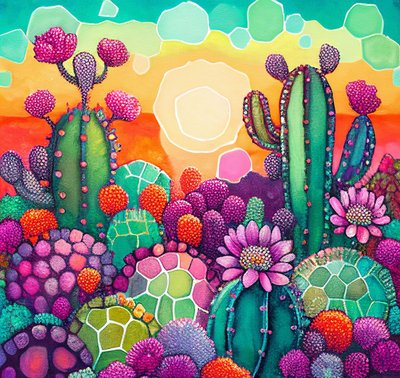 Desert Bloom: värikäs abstrakti maalaus auringonlaskusta kaktustasangoilla od F. Abderrahim