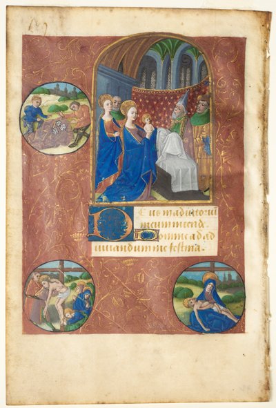 List z knihy hodin: Prezentace v chrámu s rondely lití losů, depozice a Pietà (žádná, úřad Panny Marie) od follower of Master of Adélaïde de Savoie
