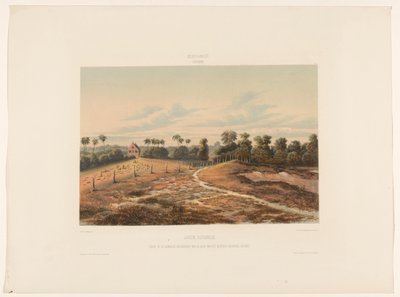 židovská savana Židé Savannah. Pohled na synagogu a hřbitov ze strany vojenského Cordonpadu (název na objektu) od jonkheer Jacob Eduard van Heemskerck