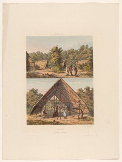 Tábor Arowaků Surinam. Indiánský tábor Arowakka (název na objektu) od jonkheer Jacob Eduard van Heemskerck