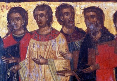 Mužské postavy, dřevěný panel v byzantském kostele Palea Roumata, Kréta, Řecko (foto) od Theodore Charles Ange Coquelin