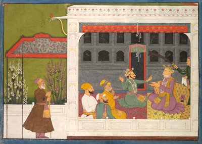 Shispul Hádka s otcem Rukmini, Bhishmaka, stránka ze série Rukmini Mangal od possibly by Mola Ram