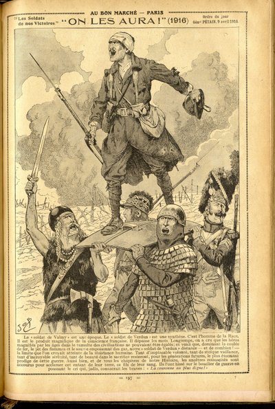 Agenda Buvard du Bon Marche 1917 – Ilustrace Joba (Jacques Marie (Jacques-Marie) Gaston Onfray a Breville) (1858-1931): Budeme je mít! 1916 – Válka 14-18, lékařství, lékařství, zdraví, uniformy, velké bitvy, brnění – vojáci, Galové – historické M od pseudonym for Onfray de Breville Jacques Job