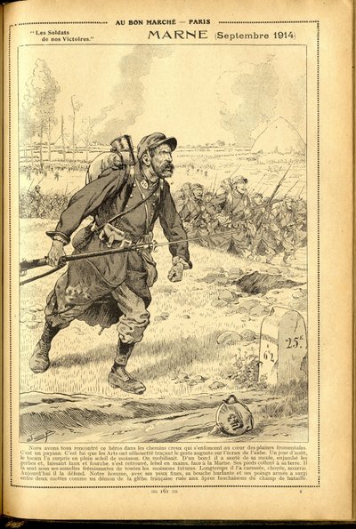 Deník Buvard du Bon Marche 1917 - Ilustrace Joba (Jacques Marie (Jacques-Marie) Gaston Onfray a Breville) (1858-1931): Marne září 1914 - válka 14-18, Marne, velké bitvy, bitva u Marny - Vojáci od pseudonym for Onfray de Breville Jacques Job