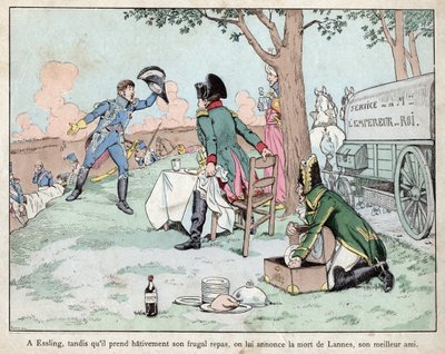 Bitva u Aspern Essling - Napoleon dostává zprávu o smrti maršála Lannese 1809 - Bitva u Aspern-Essling - Napoleon dostává zprávu o smrti maršála Lannese - litografie Job (Jacques Onfroy de Breville) z „“ Le Grand Napoleon des Petites od pseudonym for Onfray de Breville Jacques Job