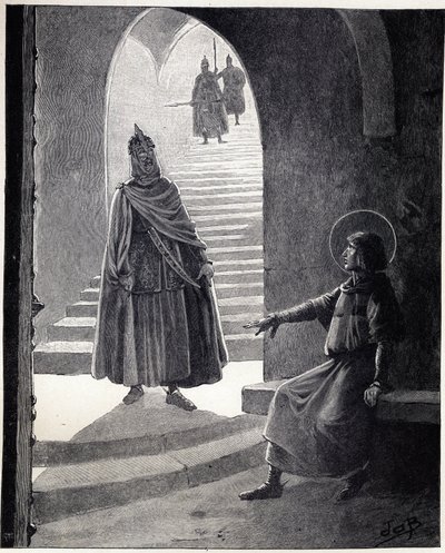 Buď křesťanem, učiním tě rytířem slova Ludvíka IX. řekl svatý Ludvík (1214-1270) pohankovému náčelníkovi, který vstoupil do vězení, aby se stal rytířem. Ilustrace Job (Jacques Marie Gaston Onfray a Breville) (Jacques-Marie) (1858-1931) pro t od pseudonym for Onfray de Breville Jacques Job