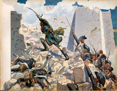 Kampaň (expedice) Egypta: Joachim Murat (1767-1815) při obléhání svatého Jana Akkonského v Egyptě. Rytina Jacques Marie Gaston Onfray de Breville dit Job (1858-1931) od pseudonym for Onfray de Breville Jacques Job