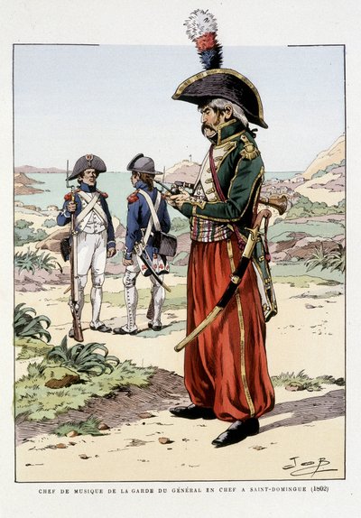Chef de musique de la garde du général en chef à St Domingo en 1802 - v “Outfit des troupes de France: armee de terre et de mer à toutes les epoques”, ill. de Job od pseudonym for Onfray de Breville Jacques Job