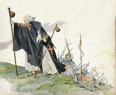 První křížová výprava: Petr poustevník (1050-1115) vede křížovou výpravu k výkřiku „Bůh to chce!“ . Má na sobě kabát, bije křížem a drží pelerinový bumlík. Doprovází ji malá holčička symbolizující Francii. ve Francii, její příběh vyprávěl G. Montor od pseudonym for Onfray de Breville Jacques Job