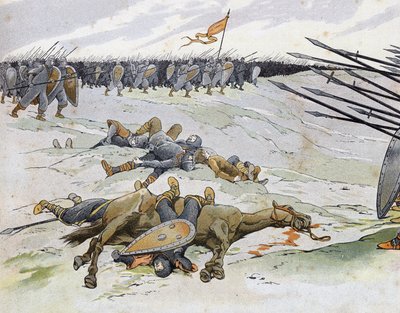 Francouzsko-anglická válka (1202-1214): vojáci, kteří zemřeli v bitvě u Bouvines dne 27. 7. 1214, která se postavila proti francouzské armádě Philippe Auguste Vlámům a Welfům z Othonu IV. ve „Francii, její příběh vyprávěný G. Montorgueilem, imagee by Job““ od pseudonym for Onfray de Breville Jacques Job