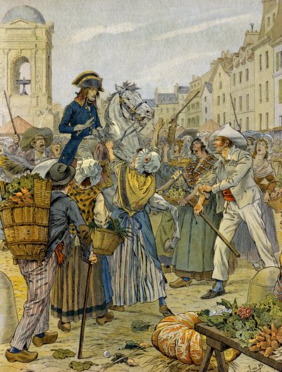 Francouzská revoluce 1789: Napoleon I. Bonaparte (1769-1821) se postavil na stranu revolučního obyvatelstva a bez kalhotek (bez kalhotek) v Les Halles. Ilustrace Jacques Marie Gaston Onfray de Breville dit JOB (1858-1931). Soukromá sbírka od pseudonym for Onfray de Breville Jacques Job