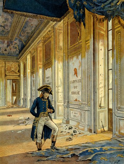 Francouzská revoluce 1789: Napoleon I. Bonaparte (1769-1821) v trůnním sále v paláci Tuileries po průchodu revolucionářů, kteří toto místo vyplenili. Na zdi je napsáno: "Království je zrušeno." Ilustrace Jacques Marie Gaston Onfray od pseudonym for Onfray de Breville Jacques Job