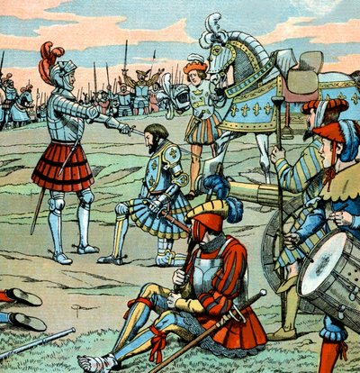 Francouzský král Francois 1. je Bayardem po bitvě u Marignanu 14. září nazýván rytířem od pseudonym for Onfray de Breville Jacques Job