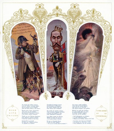 Francouzský vojenský výcvik, karikatura norského krále Haakona VII a marockých přistěhovalců ve Francii (barevné litho) od pseudonym for Onfray de Breville Jacques Job