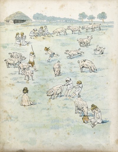 Galské děti si hrají s prasaty v poli. ve „“ Francii, jeho příběh vyprávěl G. Montorgueil, imagee by Job“““ 1896. Soukromá sbírka. od pseudonym for Onfray de Breville Jacques Job