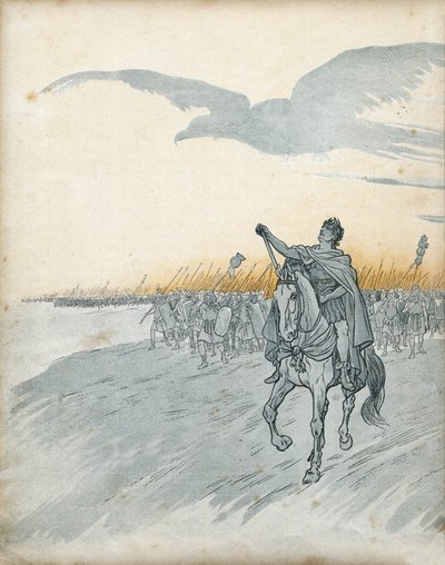 Galská válka: Gaius Julius Caesar (tehdy Jules cesar) (100-44 př. n. l.) a jeho armáda napadají Galii. Na obloze se objevuje stín orla, symbolu římské říše. ve „Francii, jeho příběh vyprávěný G. Montorgueilem, vyobrazený Jobem““ 1896. Soukromá sbírka. od pseudonym for Onfray de Breville Jacques Job